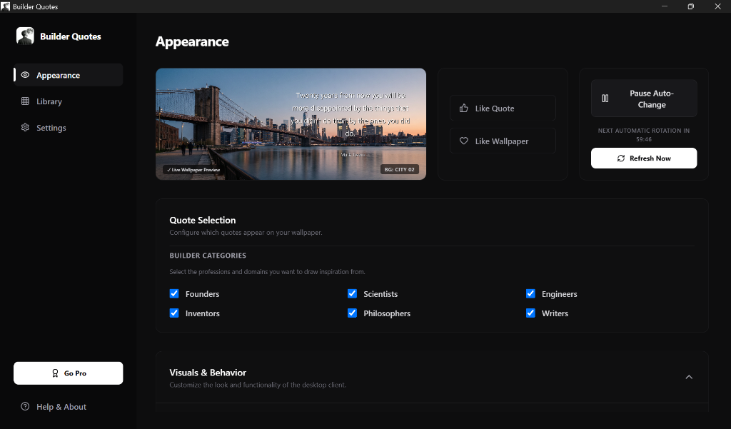 Appearance settings showing layout and quote selection categories