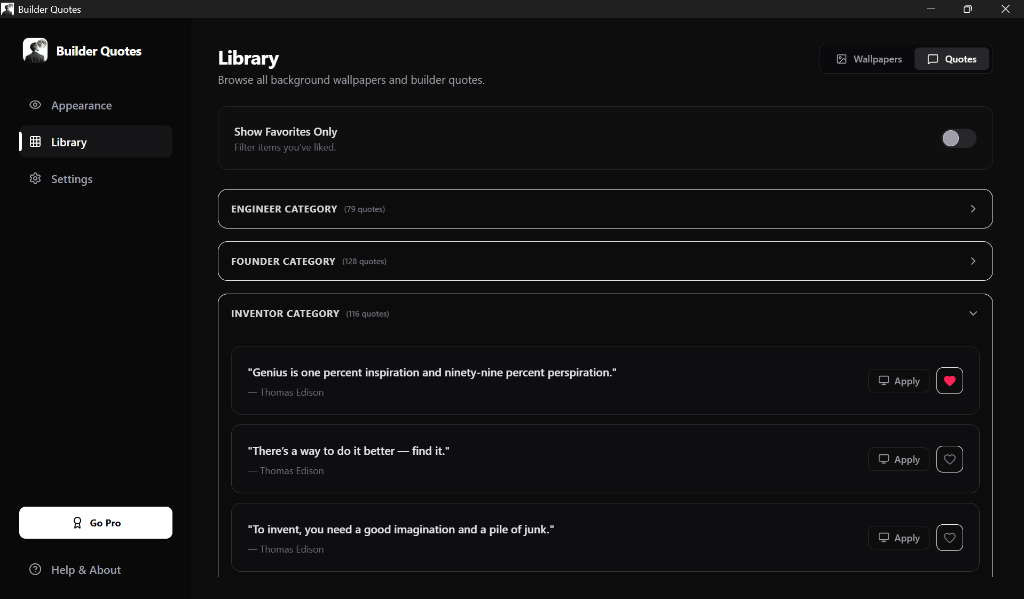 Library tab showing quotes categories list
